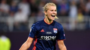 KYIV, UKRAINE - May 24: Ada Hegerberg of Olympique Lyonnais celebrates scoring her sides third goal during the UEFA Womens Champions League Final between Wolfsburg v Lyon at Valeriy Lobanovskiy Dynamo Stadium in Kyiv, Ukraine on May 24, 2018. (Photo by Brendan Moran - UEFA/UEFA via Sportsfile)