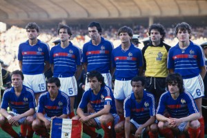 23 Jun 1984, Marseille, France --- The French National team before the semi-final of the UEFA Euro 1984 against Portugal. (L-R, front row): Bernard Lacombe, Alain Giresse, Michel Platini, Jean Tigana and Didier Six. (L-R, Back row): Yvon Le Roux, Patrick Battiston, Maxime Bossis, Jean-Francois Domergue, Joel Bats and Luis Fernandez. --- Image by © Jean-Yves Ruszniewski/TempSport/Corbis