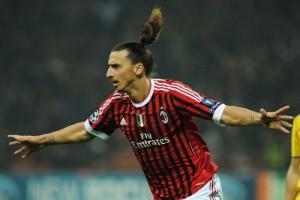 MILAN, ITALY - OCTOBER 19: Zlatan Ibrahimovic of AC Milan celebrates a goal during the UEFA Champions League group H match between AC Milan and FC BATE Borisov at Giuseppe Meazza Stadium on October 19, 2011 in Milan, Italy. (Photo by Valerio Pennicino/Getty Images)